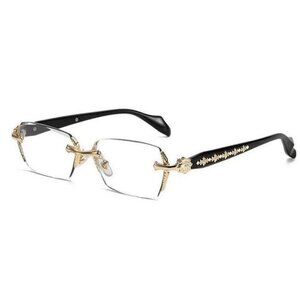 Clear Lens Gold Frame Retro Cross Style Edge Cut Luxury Rimless Eye Glasses